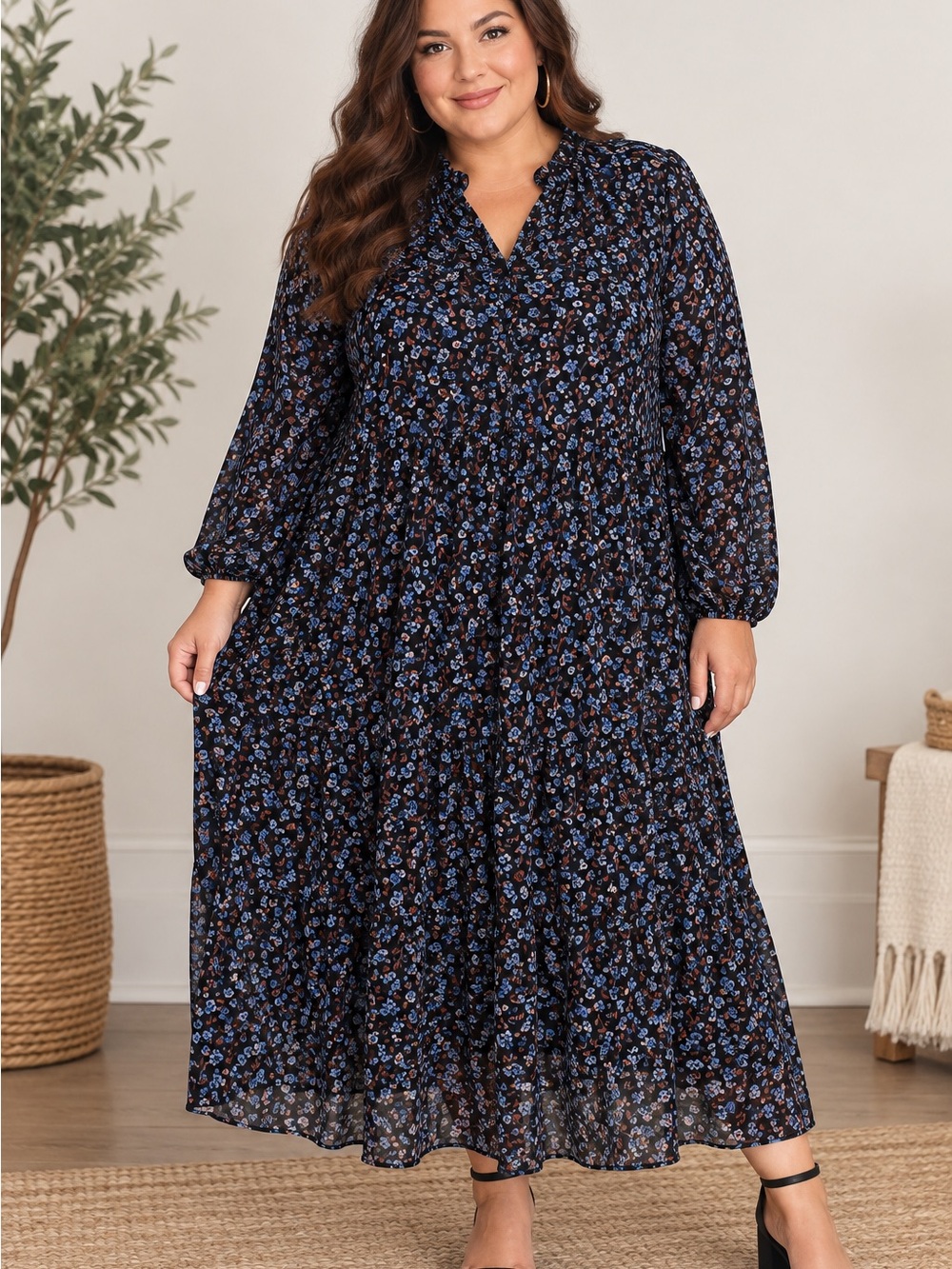 Terra & Sky Black Maxi Dress with Blue Floral Print